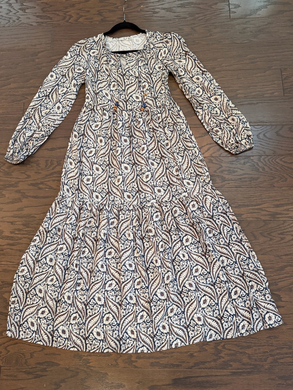 IKOLL Boho Paisley Floral Midi Dress Blue Ivory Long Sleeve Tie Neck Size Medium - Picture 5 of 11